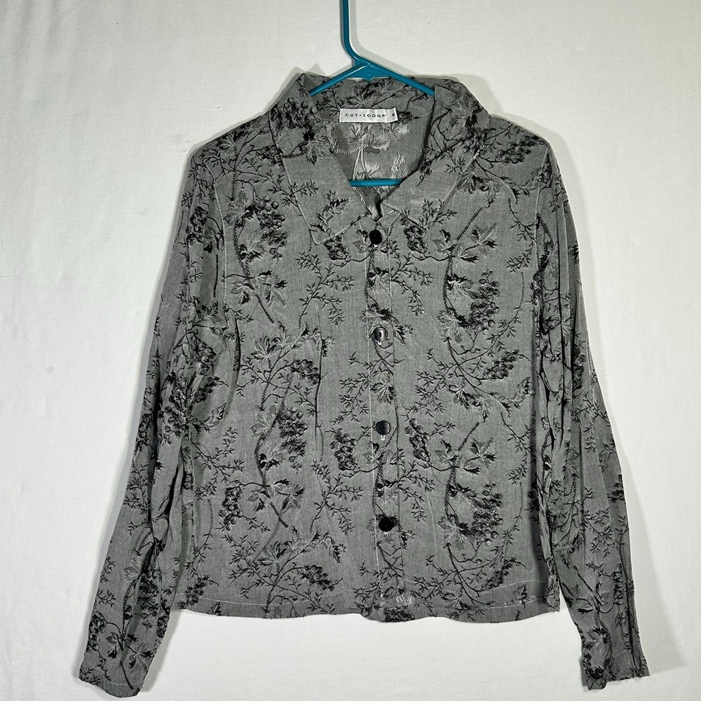 Cut Loose Grey Black Floral Button Front Shirt Blouse Lagenlook Artsy Medium